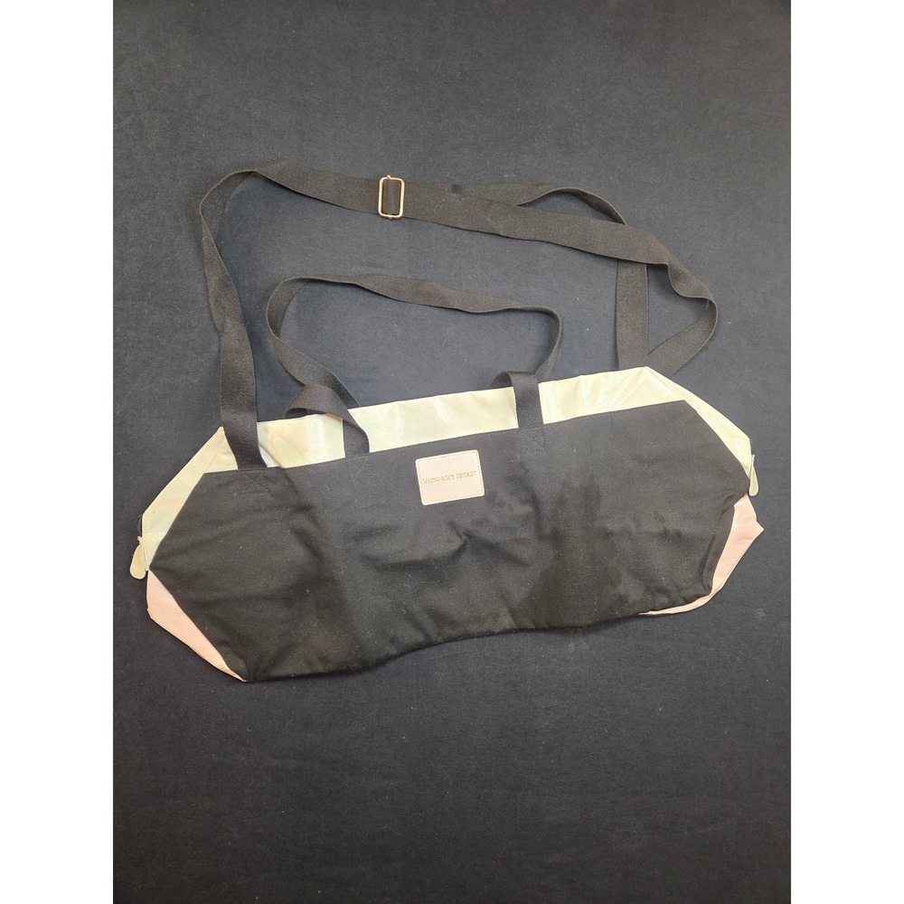 Victorias Secret Duffel Bag Black Pink Cream Canvas Travel Gym Weekend Tote